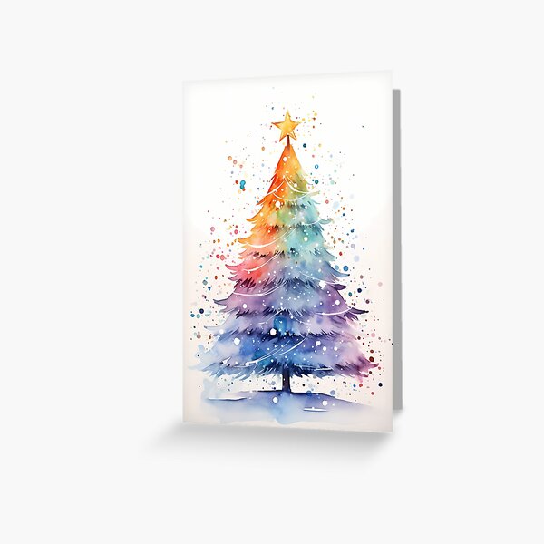 Item preview, Simple Modern Watercolor Rainbow Colored Christmas Tree in the Snow with Baubles Winter Festive Design  designed and sold by CGSGraphics.