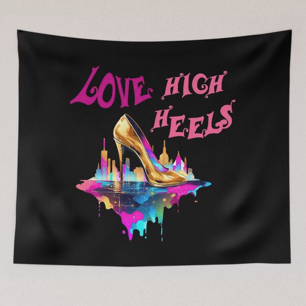 Item preview, Love gold high heels in front of a colorful city - love high heels designed and sold by WallGemsArt.