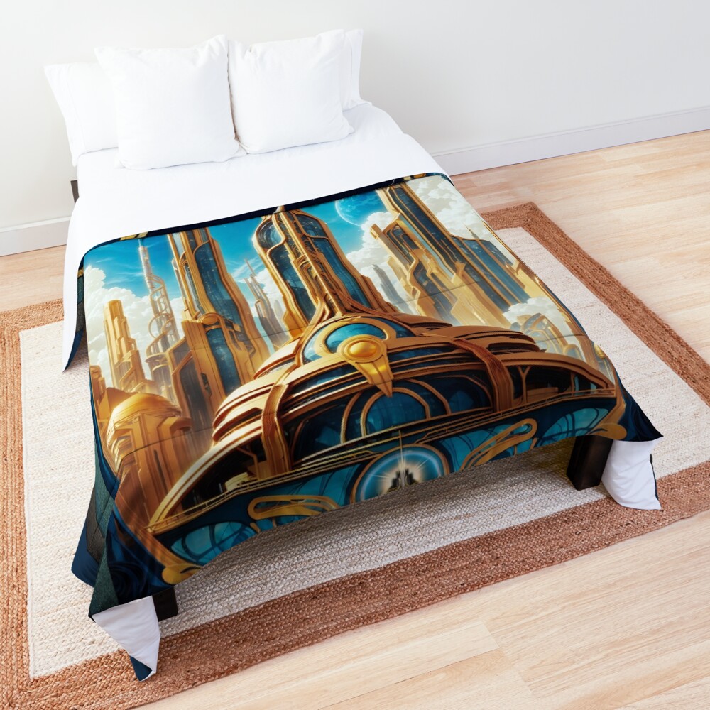 Orbison Metropolis Travel Poster Art AI Concept Art by Xzendor7 - The Beauty Of Architecture 3 Orbison Metropolis Travel Poster Art Fantasy AI Concept Creation by Xzendor7 Decorative Comforter Retro Sci-Fi Poster Art Print