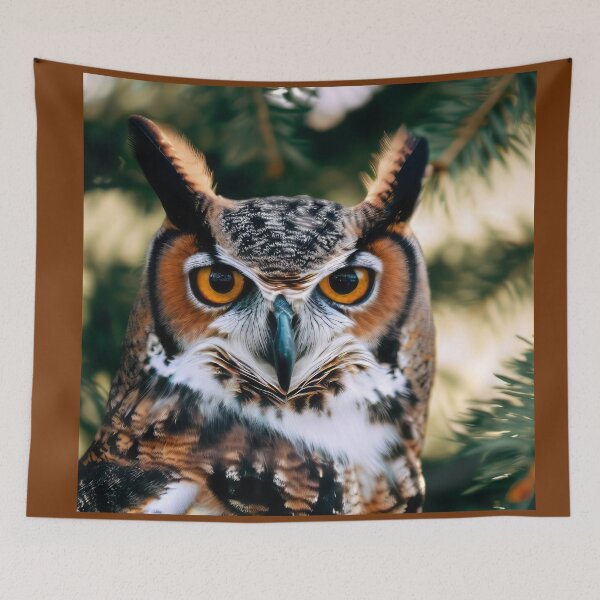 Item preview, Horned Owl in a Pine Tree portrait designed and sold by CattyCornerPOD.