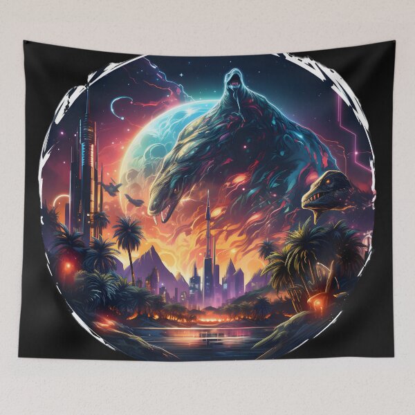 Item preview, Nebular ethereal futuristic city with dinosaurs designed and sold by AI-Only Creations.