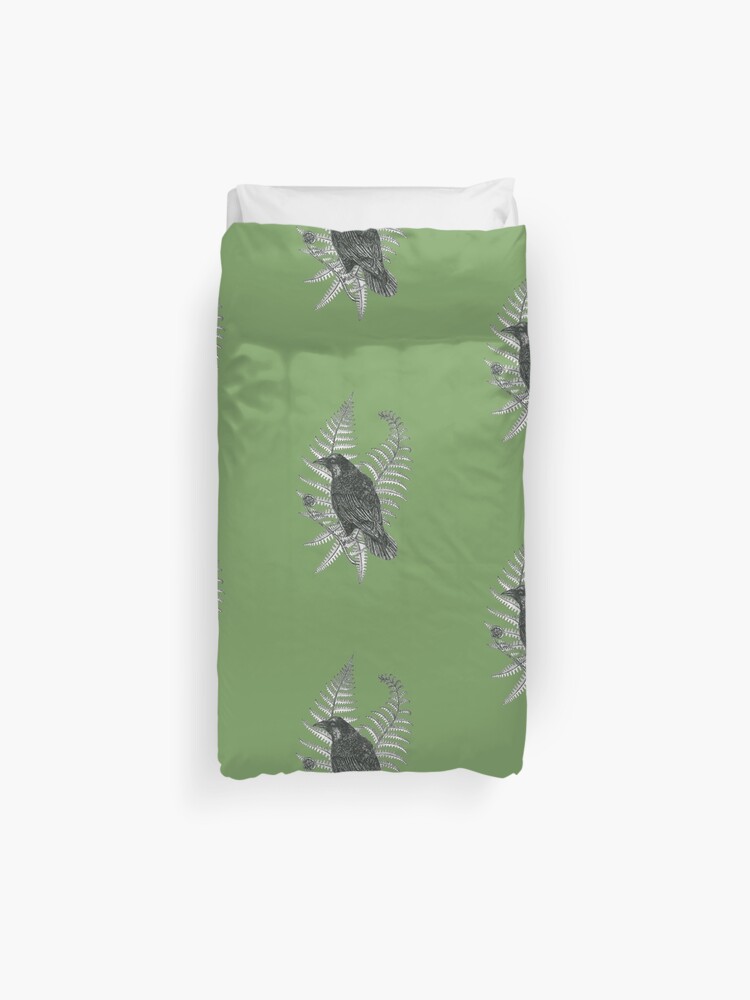 Ink Crow In A Fern Forest On Dark Green Duvet Cover By