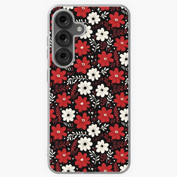 Item preview, Red and White Floral Pattern on Black designed and sold by Blue-Banana.