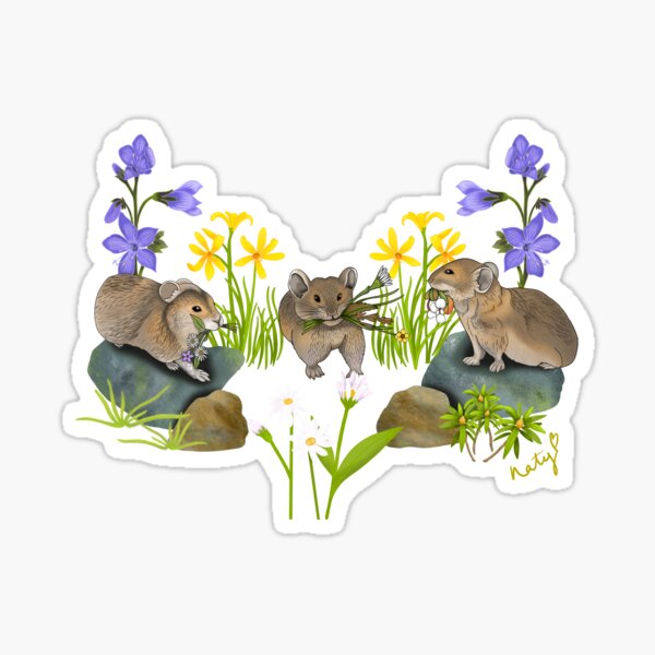 Northern Pika and flowers pattern, cute little Pikas carrying flowers. Black. Sticker
