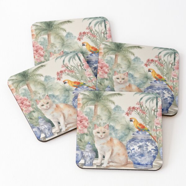 Item preview, Ginger cat and macaw parrot in chinoiserie landscape designed and sold by SophieClimaArt.