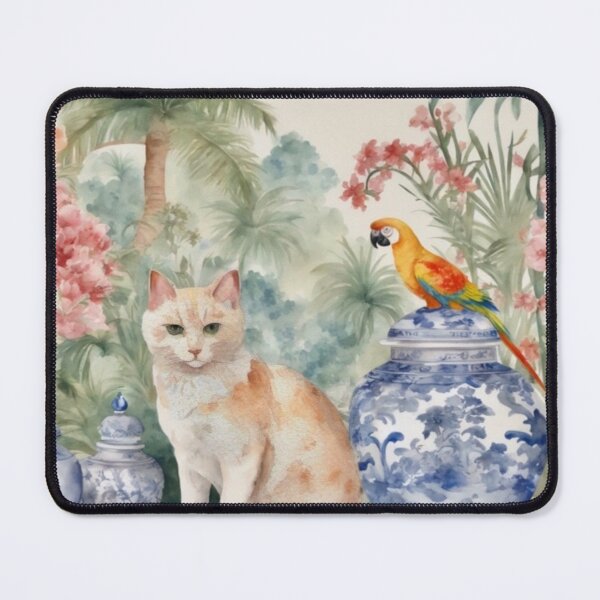 Item preview, Ginger cat and macaw parrot in chinoiserie landscape designed and sold by SophieClimaArt.