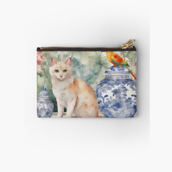 Item preview, Ginger cat and macaw parrot in chinoiserie landscape designed and sold by SophieClimaArt.