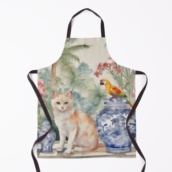 Item preview, Ginger cat and macaw parrot in chinoiserie landscape designed and sold by SophieClimaArt.
