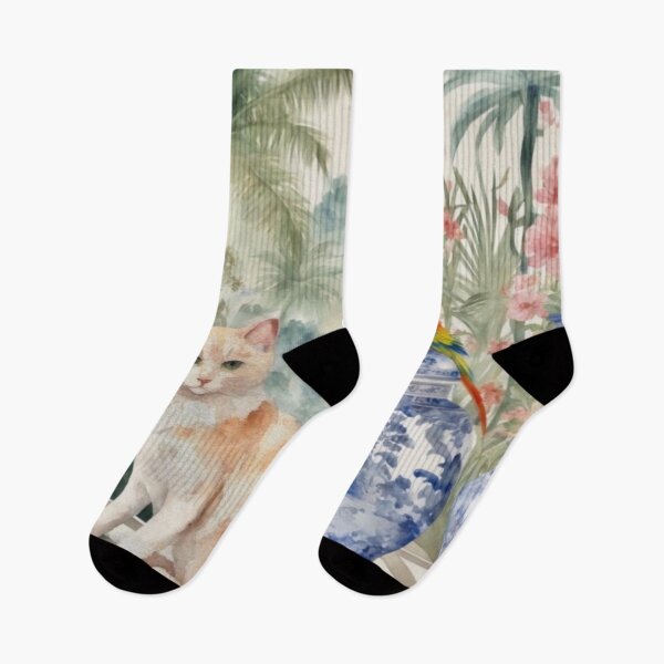 Item preview, Ginger cat and macaw parrot in chinoiserie landscape designed and sold by SophieClimaArt.