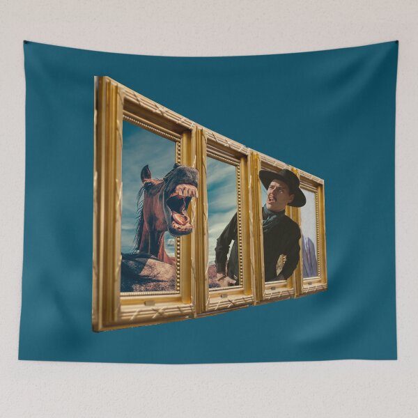 Item preview, Surreal Collage Print - New Frontiers Solo in Blue: Enigmatic Portrait Where a Cowboy and His Horse Come To Life from Gold Frames designed and sold by GollyWillikers.