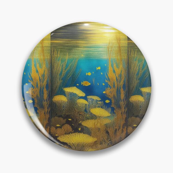 Artikelvorschau, Unterwasserlandschaft im Lackstil aus Algen und goldenen Pflanzen auf einem Hintergrund aus blauem Meer und Dämmerungshorizont entworfen und verkauft von Creativesphotos.