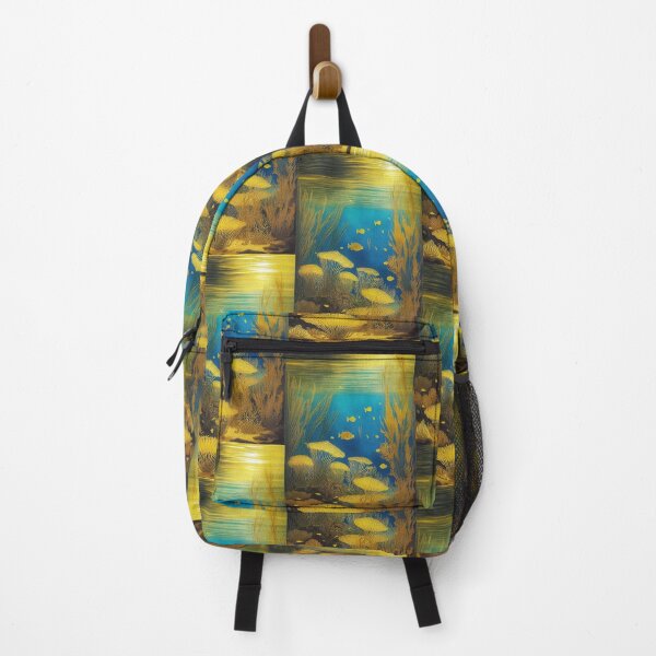Item preview, underwater landscape, lacquer style, of algae and golden plants on a background of blue sea and twilight horizon designed and sold by Creativesphotos.