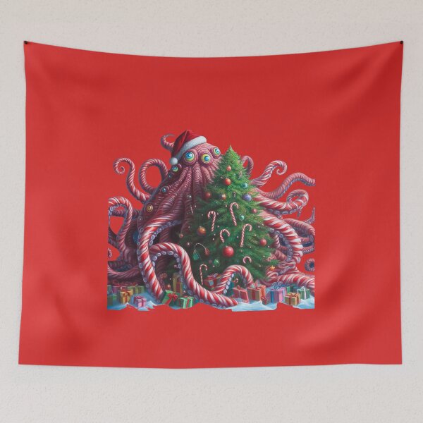 Item preview, Quirky Christmas Illustration, Surrealistic Octopus in Christmas with Christmas Tree Celebrating Christmas, Santa Claus Octopus, Surrealism Funny Christmas Art Weird Christmas Art designed and sold by FestivePalette.