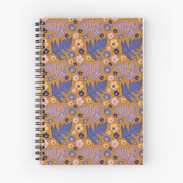 Item preview, Fern Plants and Flowers Indigo Blue Yellow Pink Forest Woodland Floral designed and sold by AsterSprig.