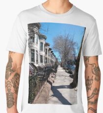 House, New York, Manhattan, Brooklyn, New York City, architecture, street, building, tree, car, pedestrians, day, night, nightlight, house, condominium,  Men's Premium T-Shirt