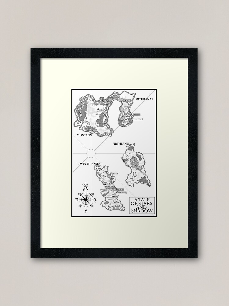 Framed Art Print, A Tale of Stars and Shadow world map designed and sold by Lisa Cassidy