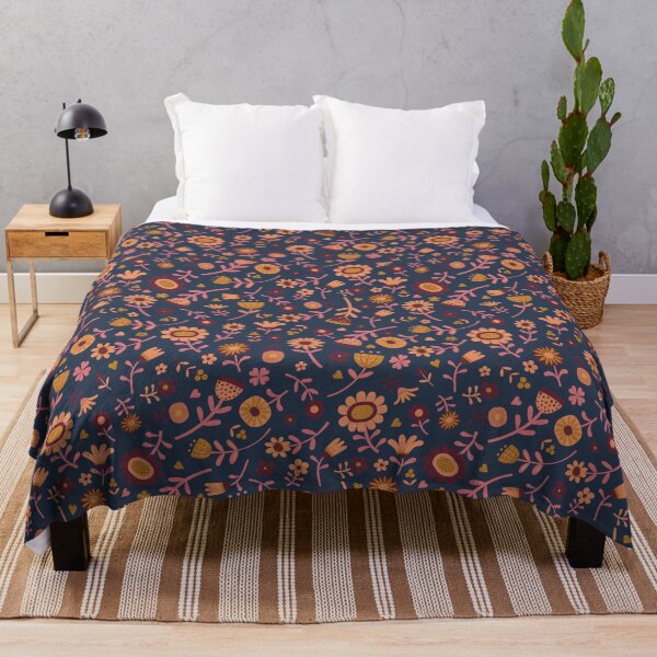 Item preview, Folk Floral Scatter - watermelon pink and wine on navy - floral pattern by Cecca Designs designed and sold by Cecca-Designs.