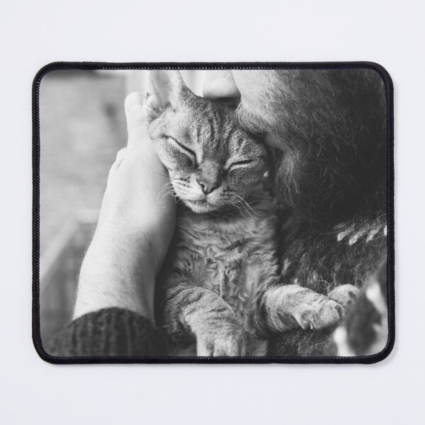 Item preview, Beard man kissing and cuddling Devon Rex cat. Black and white photo designed and sold by igvee.