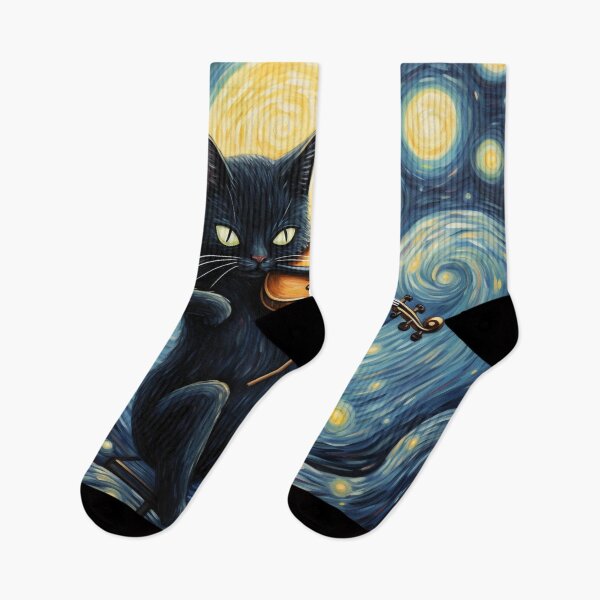 Item preview, Black Cat playing violin Starry Night Vincent Van Gogh designed and sold by Vangoholic.