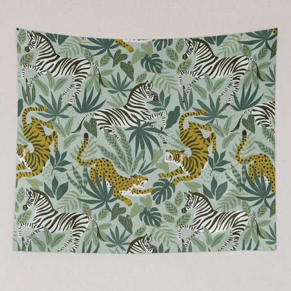 Item preview, Pattern with tigers, leopards and zebra on tropical background. Safari animal print. Fashionable fabric design. designed and sold by AngelinaBambina.