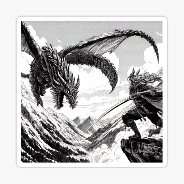 Warrior fight with dragon - manga Sticker