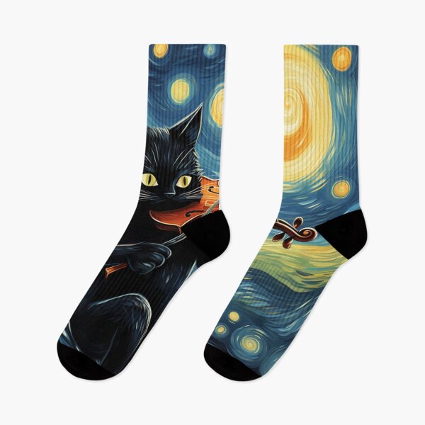 Item preview, Black Cat playing violin Starry Night Vincent Van Gogh designed and sold by Vangoholic.
