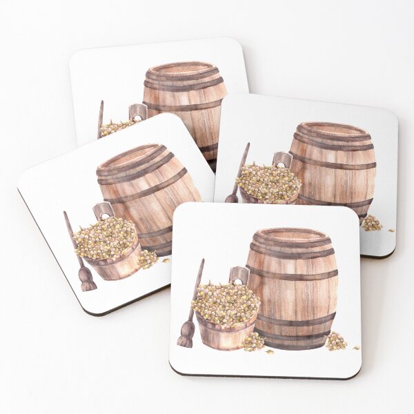 Item preview, Wine barrel with wooden basket, crusher, leaves, grapes harvest. Watercolor hand draw illustration  designed and sold by BartolArt.