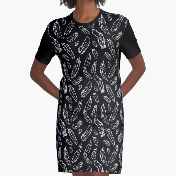 Black Feather Pattern Graphic T-Shirt Dress