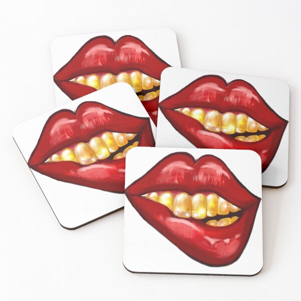 Item preview, Smiling red lips gold teeth biting shiny lower lip designed and sold by Artonmytee.