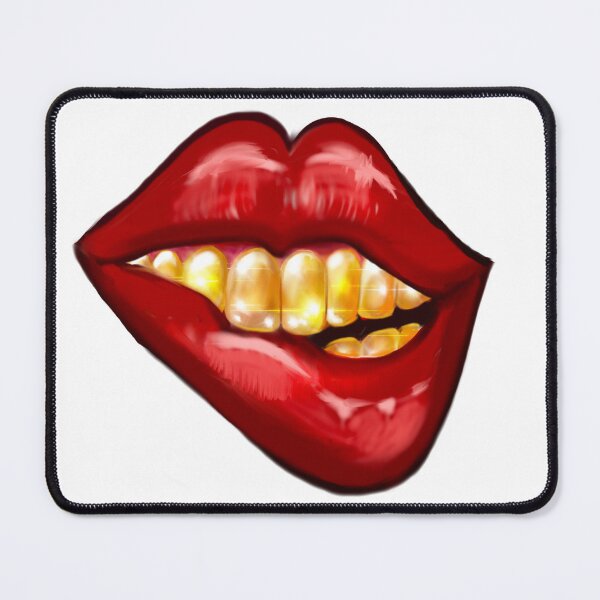 Item preview, Smiling red lips gold teeth biting shiny lower lip designed and sold by Artonmytee.