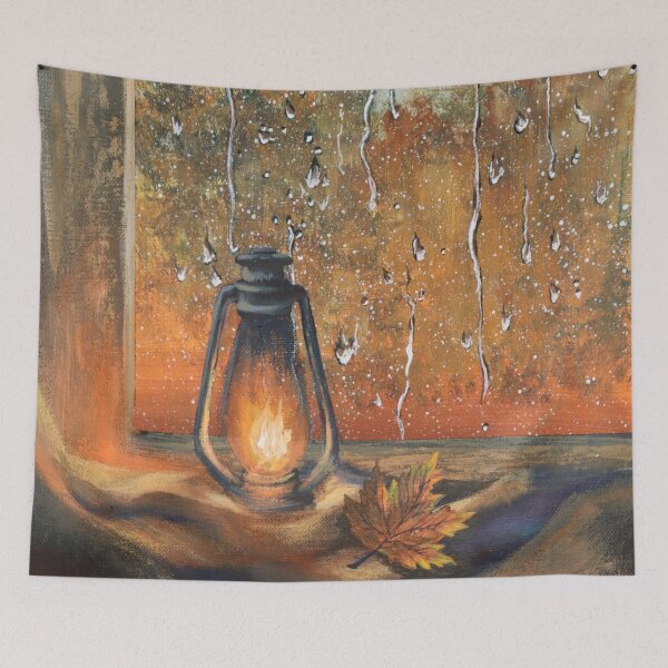 Item preview, Aesthetic Orange Autumn Foliage Fall Leaves Trees Lantern Rainy Window Rain  designed and sold by LEILA ART SPACE.