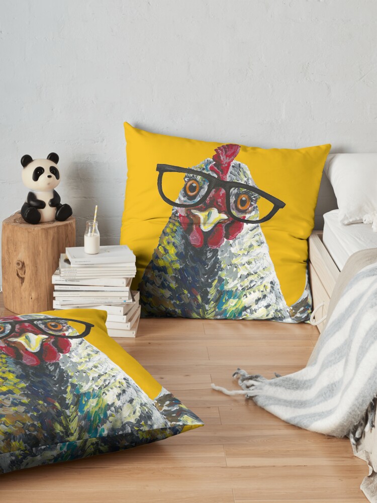 Alternate view of Chicken with Glasses, Cute Chicken Art Floor Pillow