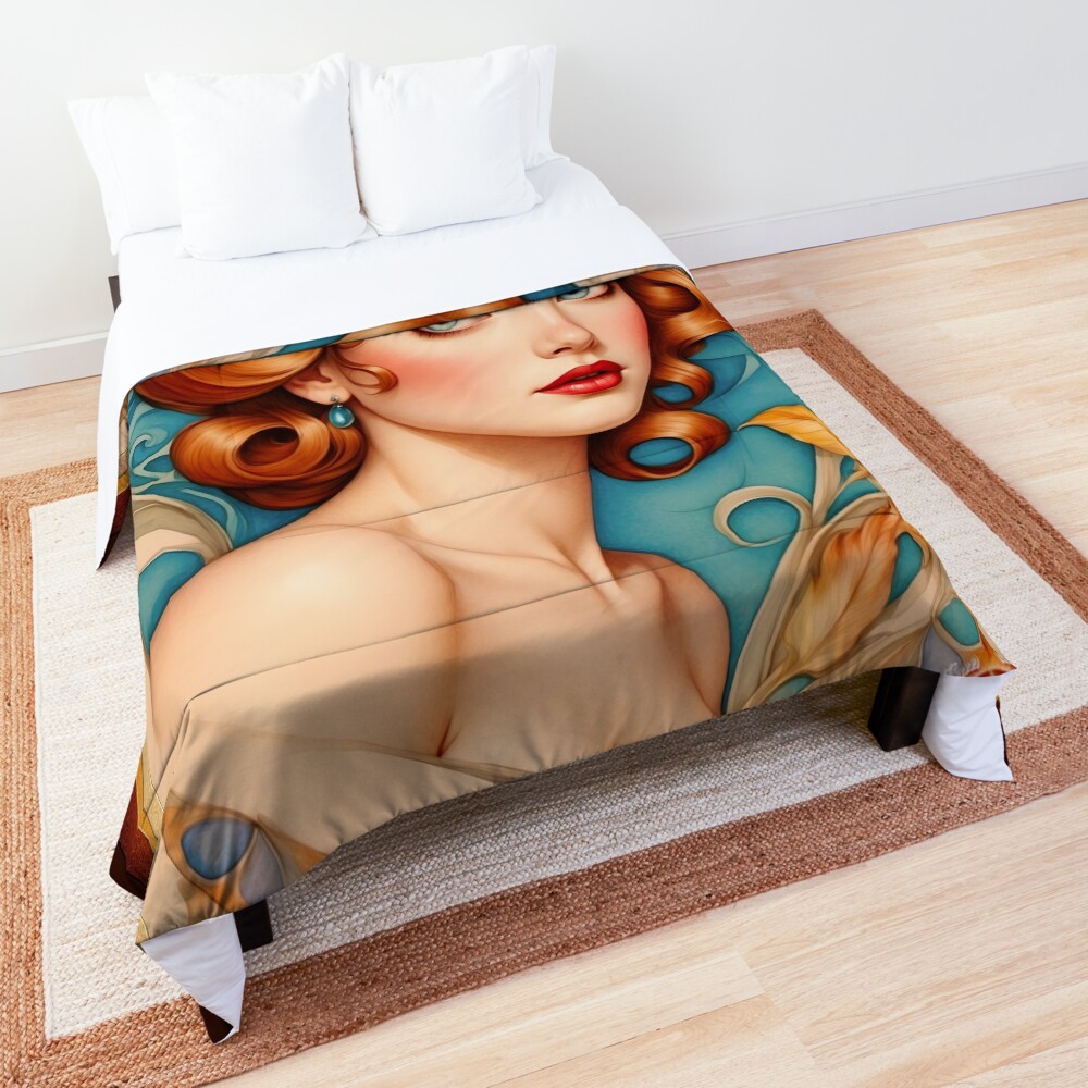 Art Nouveau Portrait Of A Daydream Beauty AI Concept Art by Xzendor7 4 Art Nouveau Portrait Of A Daydream Beauty Gorgeous AI Concept Art by Xzendor7 Decorative Comforter Poster Art Print