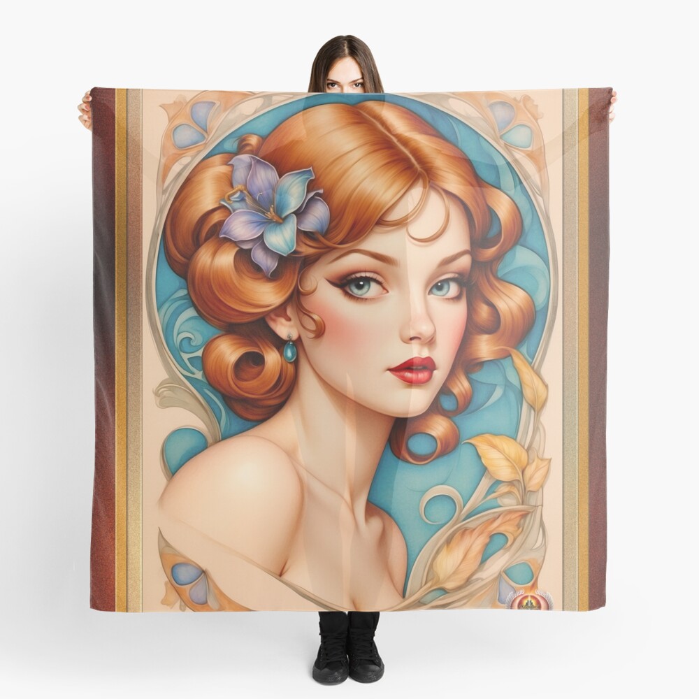 Art Nouveau Portrait Of A Daydream Beauty AI Concept Art by Xzendor7 3 Art Nouveau Portrait Of A Daydream Beauty Gorgeous AI Concept Art by Xzendor7 Decorative Ladies Scarf Poster Art Print