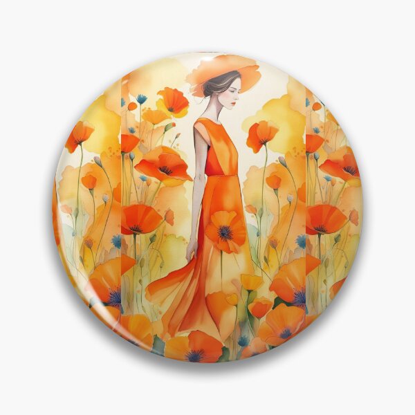 Item preview, woman in long dress in profile in a field of poppies in red-orange designed and sold by Creativesphotos.