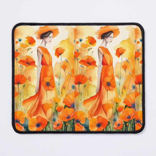 Item preview, woman in long dress in profile in a field of poppies in red-orange designed and sold by Creativesphotos.