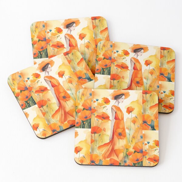 Item preview, woman in long dress in profile in a field of poppies in red-orange designed and sold by Creativesphotos.