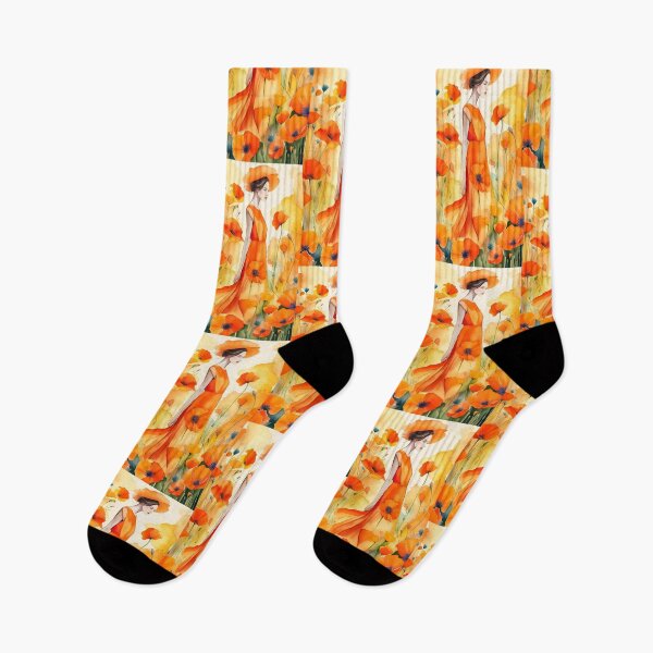 Item preview, woman in long dress in profile in a field of poppies in red-orange designed and sold by Creativesphotos.