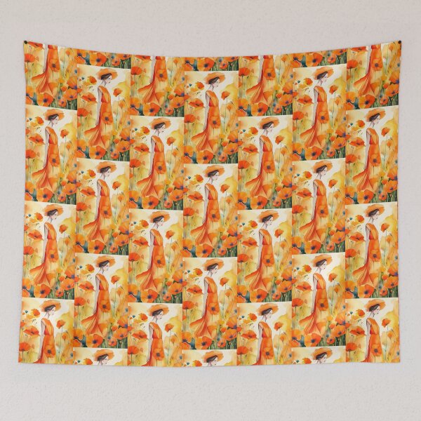 Item preview, woman in long dress in profile in a field of poppies in red-orange designed and sold by Creativesphotos.