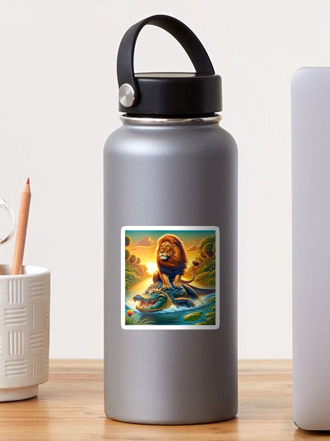 Thumbnail 1 of 3, Sticker, Lion Riding an Alligator designed and sold by TeeMugs3.