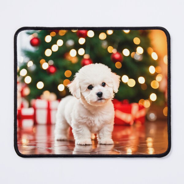 Item preview, Bichon frise puppy dog by Christmas tree with gifts, interior holiday scene designed and sold by nicecorgi.