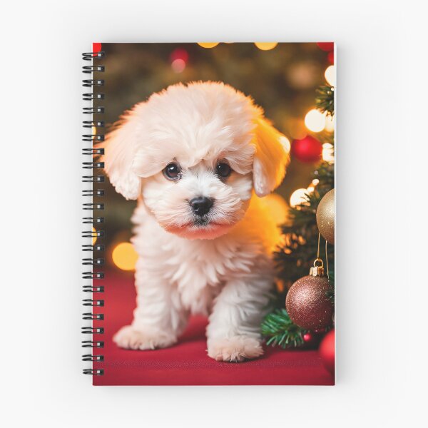 Item preview, Bichon frise puppy dog by Christmas tree, peeking, interior holiday scene designed and sold by nicecorgi.
