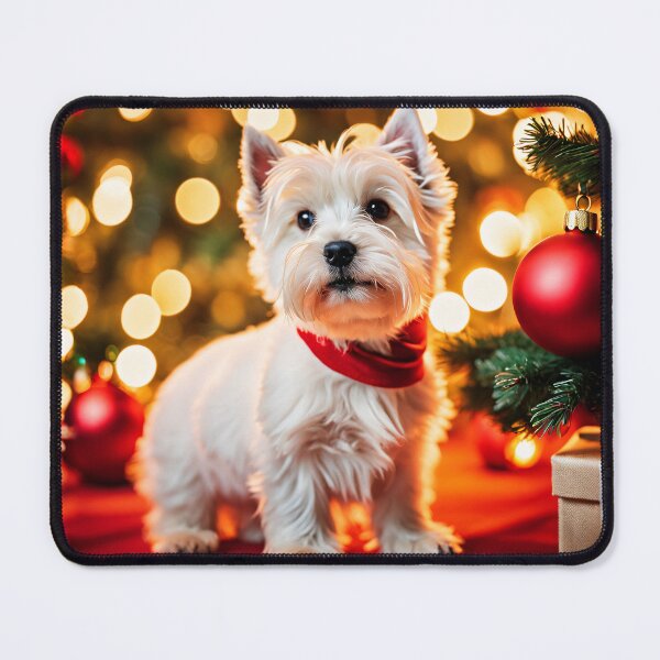 Item preview, West Highland white terrier by Christmas tree standing with gifts designed and sold by nicecorgi.