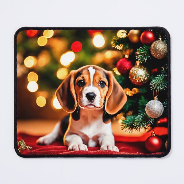 Item preview, Beagle Dog Puppy by Christmas Tree on Red Rug designed and sold by nicecorgi.