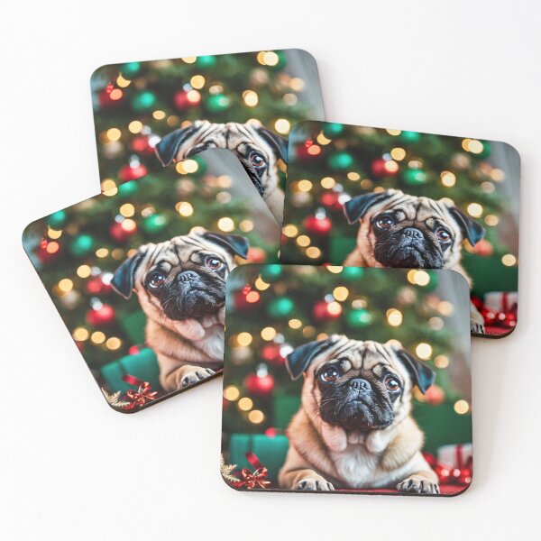 Item preview, Pug by Christmas Tree in Home Holiday Scene with Gifts designed and sold by nicecorgi.