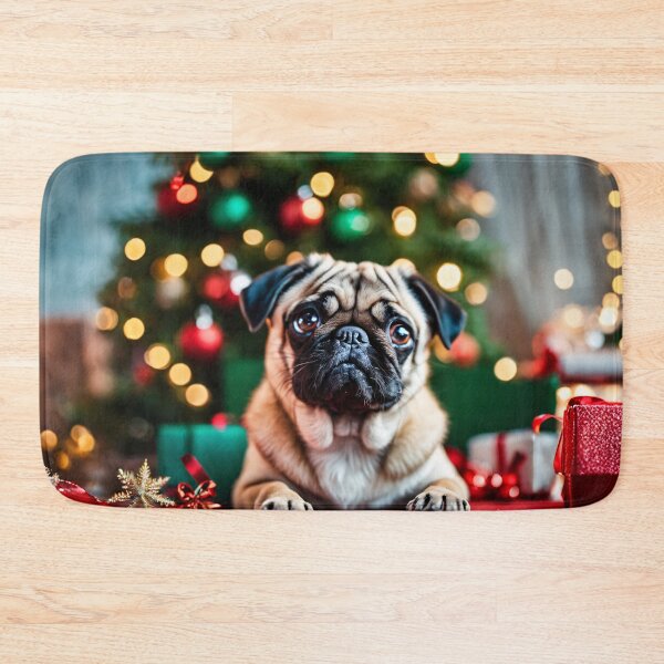 Item preview, Pug by Christmas Tree in Home Holiday Scene with Gifts designed and sold by nicecorgi.