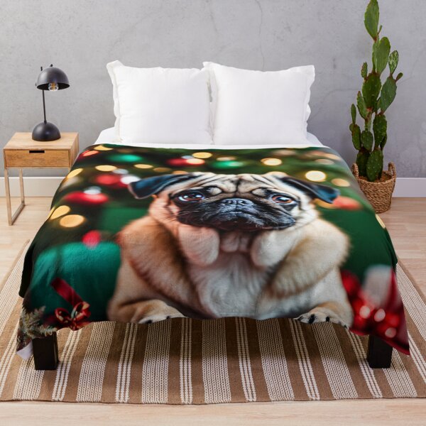 Item preview, Pug by Christmas Tree in Home Holiday Scene with Gifts designed and sold by nicecorgi.