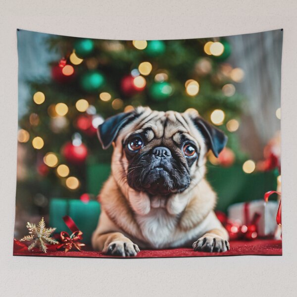 Item preview, Pug by Christmas Tree in Home Holiday Scene with Gifts designed and sold by nicecorgi.