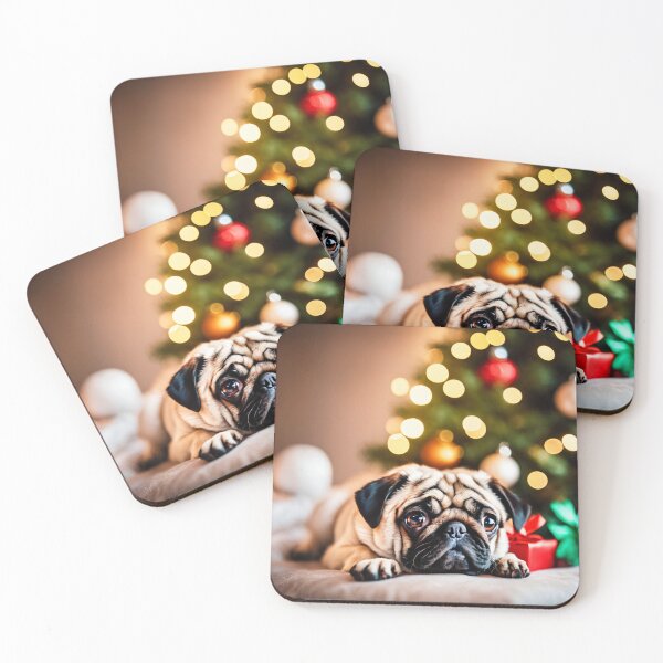 Item preview, Pug on Pillow by Christmas tree, Home Holiday Scene with Gifts designed and sold by nicecorgi.