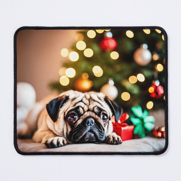 Item preview, Pug on Pillow by Christmas tree, Home Holiday Scene with Gifts designed and sold by nicecorgi.